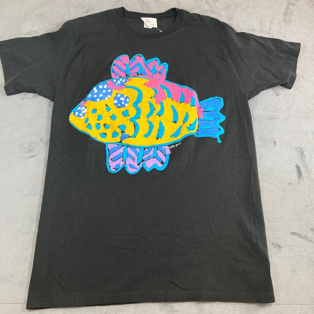 Vintage Ken Done Fish T Shirt Mens Large Black Puff Print Art Tee Made in USA